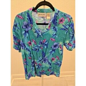 California Krush Vintage Size M Tropical Rayon Teal Blue & Purple Floral Shirt